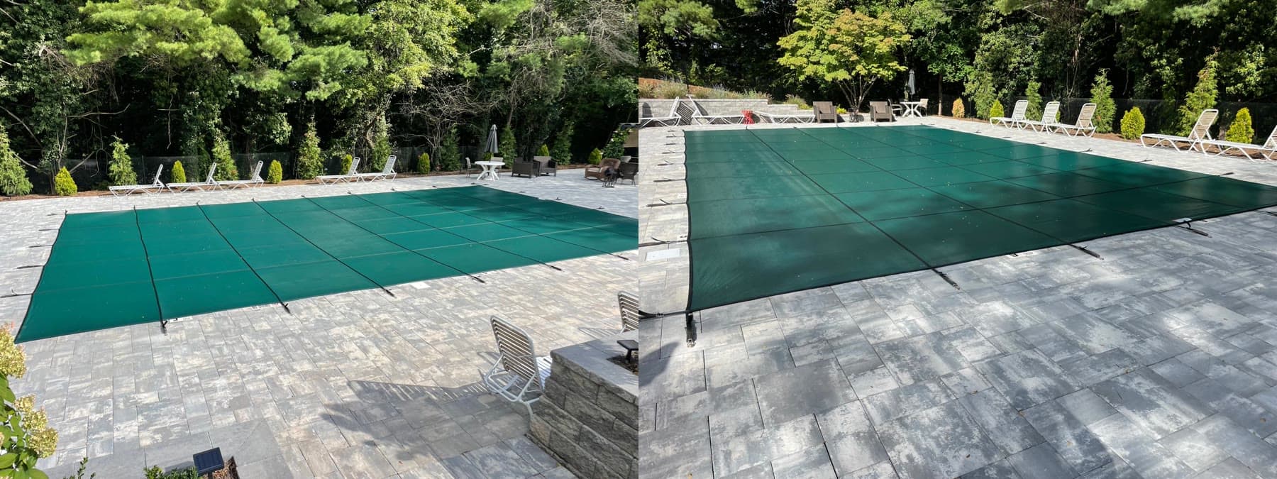 Rectangular pool fitted with a green mesh safety cover for winter