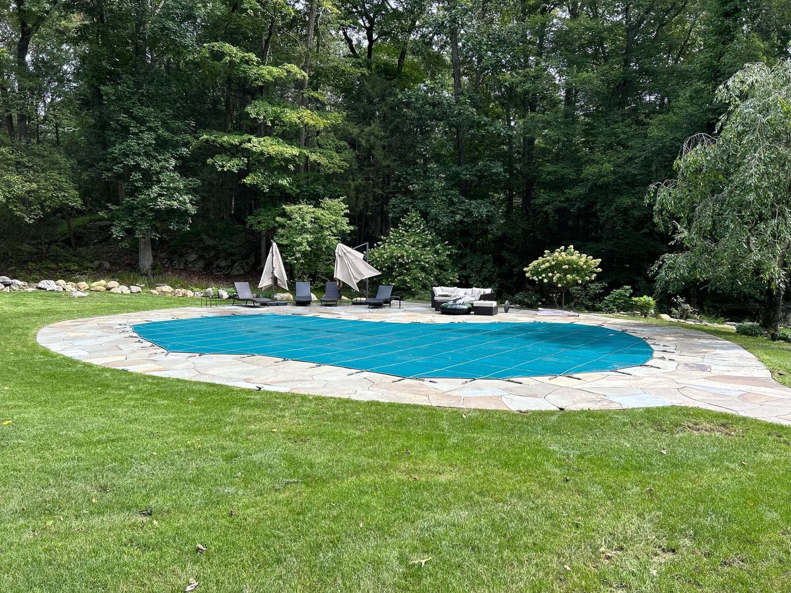Kidney pool closed under a fitted mesh safety cover for the off-season